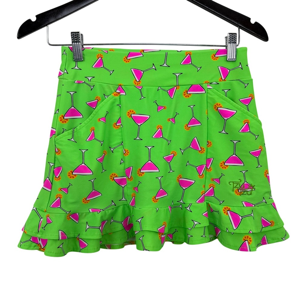 Tzu Tzu Skort Womens XS Green Martini Glass Print Ruffle Golf Tennis Skirt